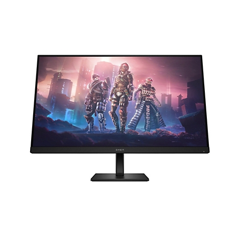 Schwarzer OMEN Gaming-Monitor auf Standfuß mit Cyberpunk-Spielgrafik auf dem Display vor weißem Hintergrund.