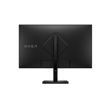 Die schwarze Rückseite eines Omen Gaming-Monitors auf einem Standfuß vor weißem Hintergrund.