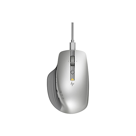 Hellgraue HP-Computermaus mit Kabel und seitlicher Daumenauflage. Ein Scrollrad und eine HP-Logo sind zu sehen.