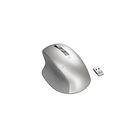 Silberne kabellose Maus mit USB-Empfänger auf weißem Hintergrund. Maus mit Scrollrad, Markenlogo und Seitentasten.