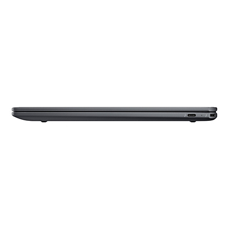Geschlossener Laptop im Profil, dunkelgrau. Anschlüsse deutlich sichtbar.