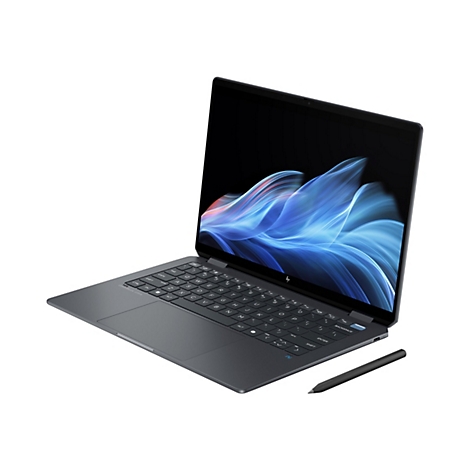 Ein graues Laptop mit geöffnetem Bildschirm, auf dem blaue und weiße Formen zu sehen sind. Rechts daneben ein schwarzer Stift.