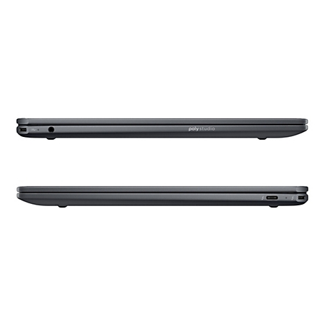Zwei Ansichten eines anthrazitfarbenen Laptops. Oben: Schriftzug "poly studio", seitlich gesehen. Unten: Anschlüsse und Logo.