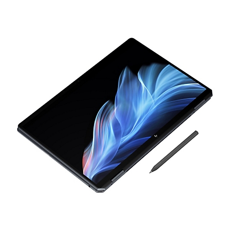 Ein schwarzes HP Laptop-Tablet mit Stift auf weißem Hintergrund. Der Bildschirm zeigt blaue Lichteffekte.