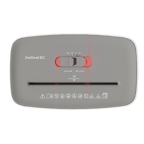 A grey paper shredder, with red switch and the inscription OneShred BCC.