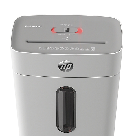 Gray paper shredder with HP logo. Paper input, control lights, viewing window.