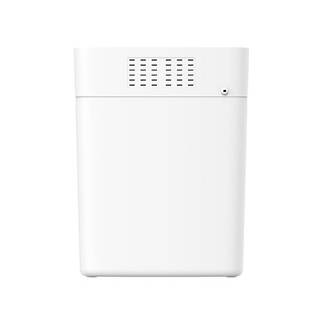 White, rectangular device with ventilation slots and a small hole.