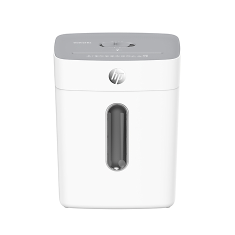 White paper shredder with gray lid and viewing window. Top lettering and HP logo.