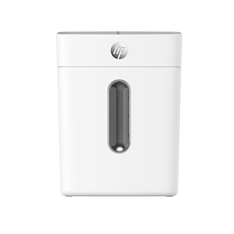 White paper shredder with HP logo. Window for fill level indicator. Rectangular shape.