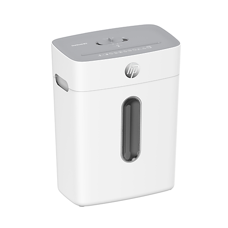 White paper shredder with grey lid. The HP logo is clearly visible.