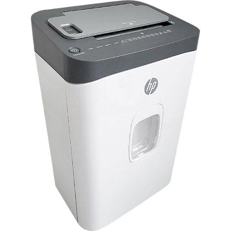 White paper shredder with gray lid and HP logo. On/Off button and feed slot are on top.