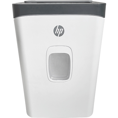 White shredder with gray top and logo. Rectangular input area.