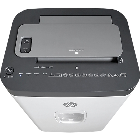 White and dark grey paper shredder with a top-loading input slot, HP logo, and control panel with indicator lights.