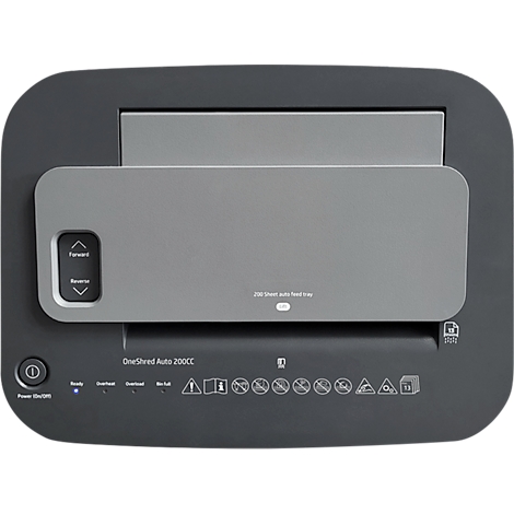 Paper shredder with grey lid and controls. Black frame, top says One Shred Auto 200CC.