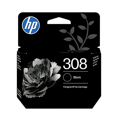 Schwarze HP Tintenpatronen-Verpackung, Modell 308, mit Blumenmotiv und blauem HP-Logo.