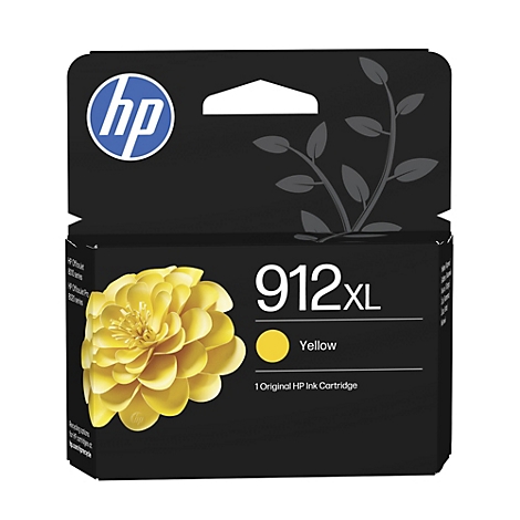 Gelbe HP 912XL Tintenpatrone in schwarzer Originalverpackung mit Blumenmotiv.