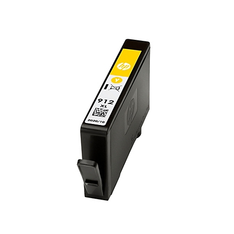 Gelbe HP 912XL Druckerpatrone vor weißem Hintergrund.