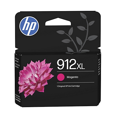 Schwarze HP 912XL Tintenpatronenverpackung mit magentafarbener Blume und HP-Logo.