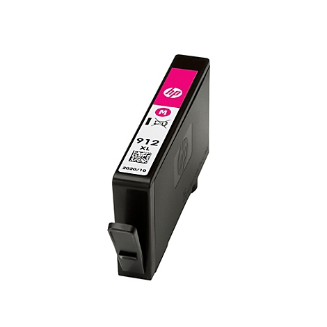 Schwarze HP 912 XL Druckerpatrone in Magenta vor weißem Hintergrund.