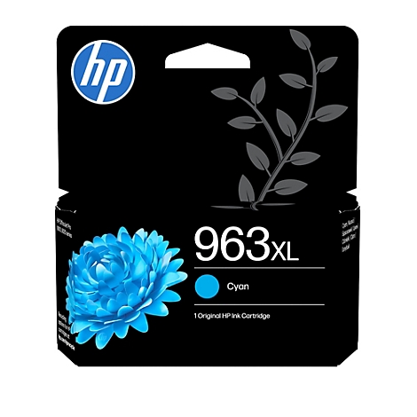 HP 963XL Original Tintenpatrone in Cyan auf schwarzer Verpackung.