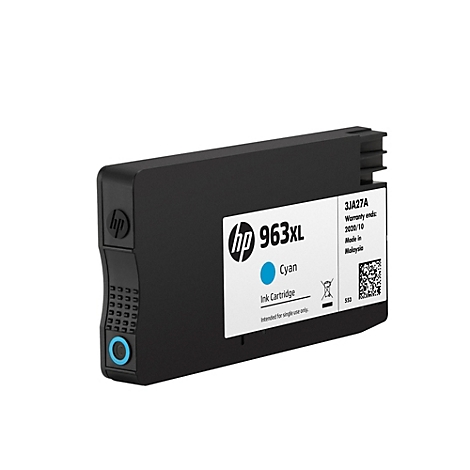 Schwarze HP 963XL Cyan Tintenpatrone vor weißem Hintergrund.