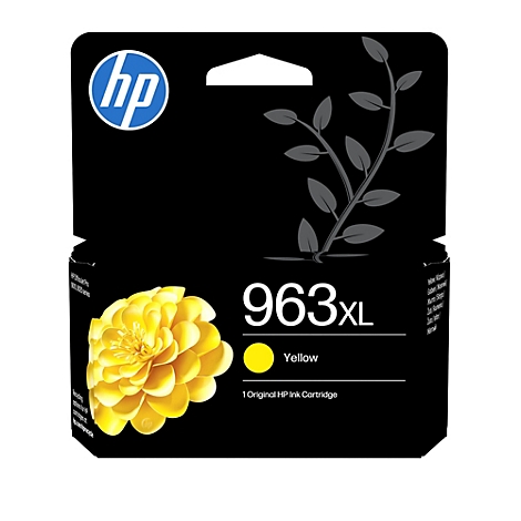 Original HP 963XL Gelb Tintenpatrone in schwarzer Verpackung mit gelber Blume.
