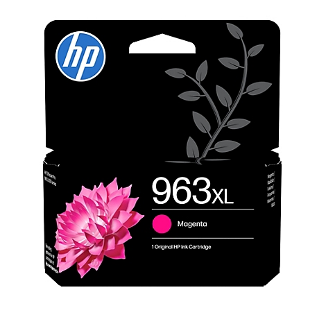 Schwarze HP 963XL Magenta Tintenpatronenverpackung mit Abbildung einer pinken Dahlie.