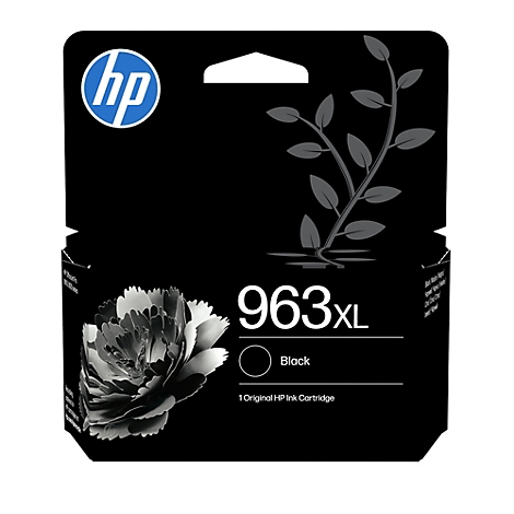 Schwarze HP 963XL Tintenpatronenverpackung mit Blumenmotiv und HP-Logo auf weißem Hintergrund.