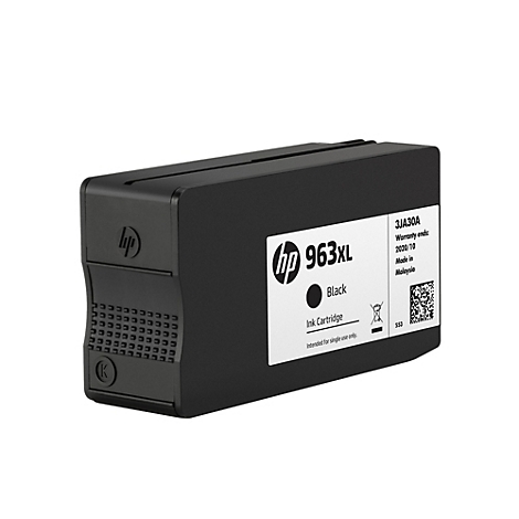 Schwarze HP 963XL Druckerpatrone vor weißem Hintergrund.