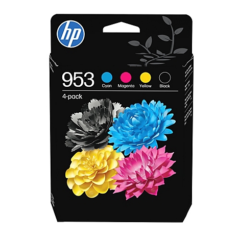 Schwarze HP 953 4-Pack Tintenpatronen-Verpackung mit vier bunten Blumen in Cyan, Magenta, Gelb und Schwarz.