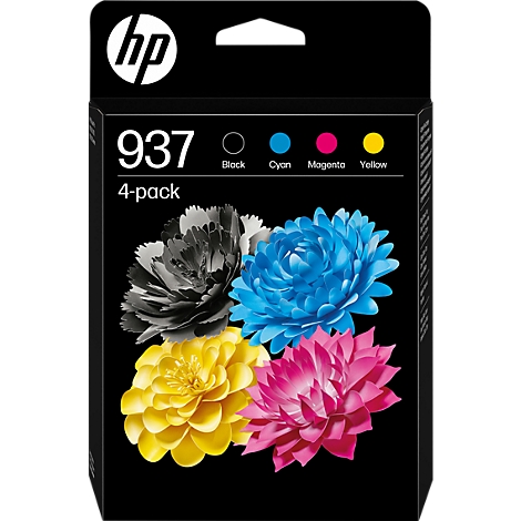 HP 937 4-pack inktcartridgeverpakking met bloemmotieven in zwart, cyaan, magenta en geel.