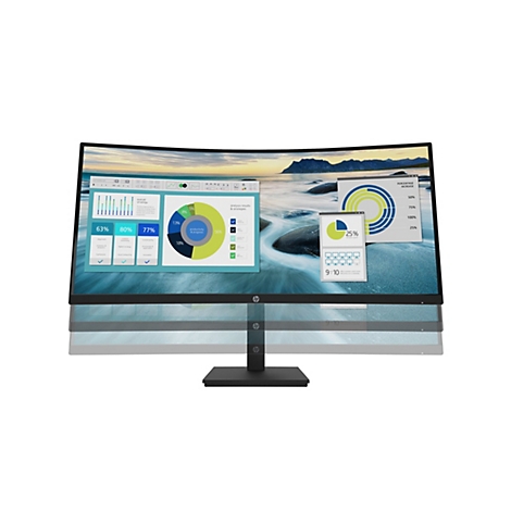 HP Curved-Monitor vor weißem Hintergrund mit Visualisierungen zur Höhenverstellbarkeit und Arbeitsstatistiken auf dem Display.