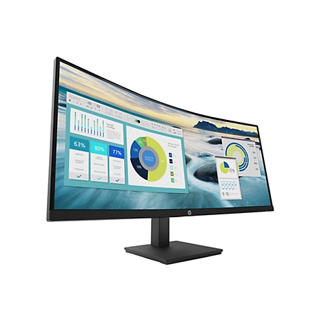 HP Curved-Monitor auf schwarzem Standfuß mit statistischer Analyse-Grafik auf dem Bildschirm.