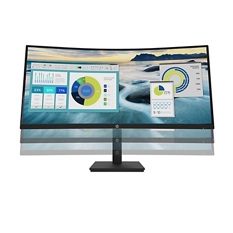 HP Curved Monitor mit Standfuß, der verschiedene Arbeitshöhen durch transparente Überlagerungen verdeutlicht.
