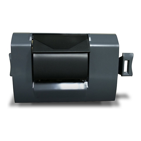 Grauer Druckerkomponent, rechteckig, mit schwarzem Zylinder und Aussparungen.