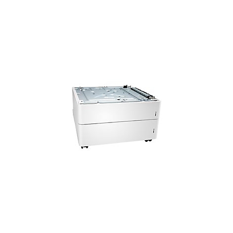 Ein weiÃŸer Drucker mit zwei Papierschubladen und einem Metallrahmen. Der Drucker steht auf schwarzen Rollen.