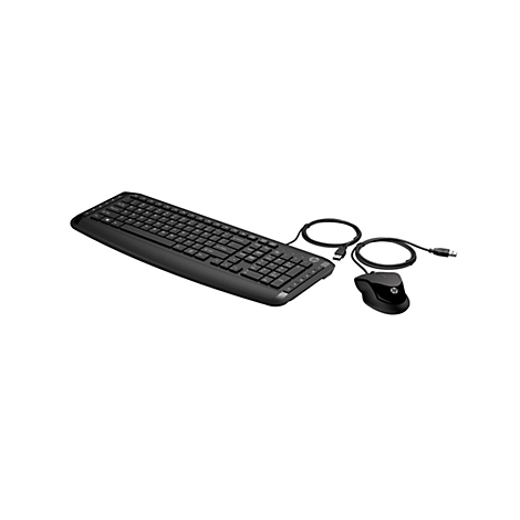 Schwarzes kabelgebundenes HP Tastatur- und Maus-Set auf weißem Hintergrund.