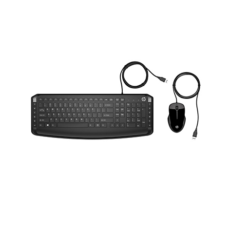 Schwarzes kabelgebundenes HP Tastatur- und Maus-Set vor weißem Hintergrund.