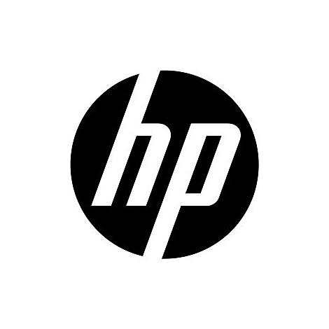 Logo von HP: weißes 'hp' in einer schwarzen, runden Form.