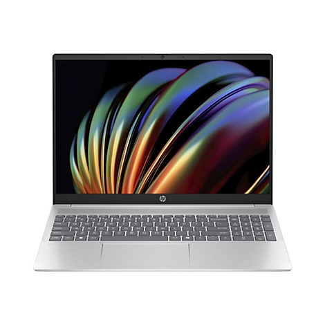 Ein silberfarbener HP Pavilion Laptop mit offenem Display. Auf dem Bildschirm ein abstraktes farbenfrohes Muster. Tastatur mit weißen Tasten. Das HP Logo ist unten zentriert.