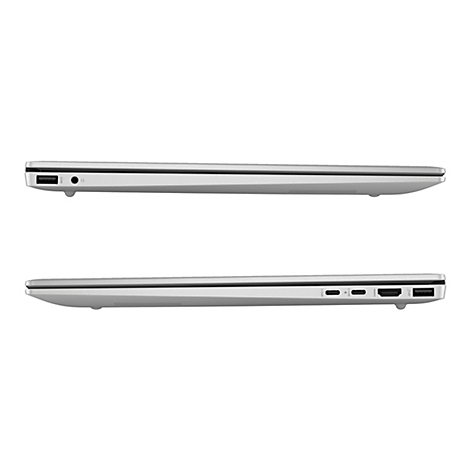 Zwei silberne Laptops, die von der Seite gezeigt werden, vor weißem Hintergrund. Die Seiten sind mit verschiedenen Anschlüssen versehen.