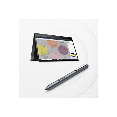 Laptop im Zeltmodus mit Paint 3D Software und digitalem Eingabestift auf hellem Hintergrund.