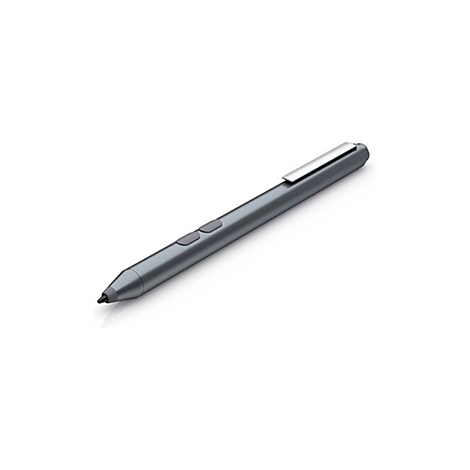 Grauer, schlanker Eingabestift mit silbernem Clip und zwei Tasten auf der Vorderseite vor weißem Hintergrund.