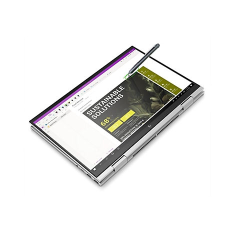 Silbernes 2-in-1 Laptop im aufgeklappten Zustand, bedient mit einem Eingabestift auf dem Touchscreen.