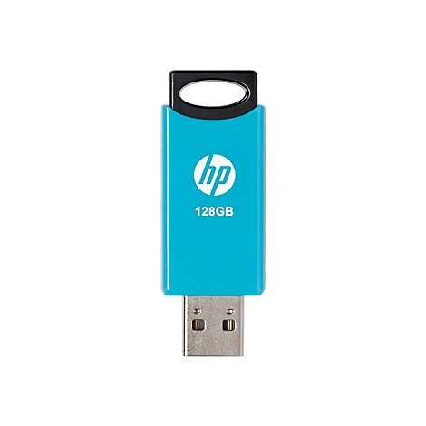 Hellblaues HP USB-Laufwerk mit weißem Logo und schwarzer Schlaufe. Aufschrift: 128 GB.