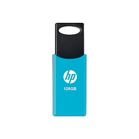 Blauer HP USB-Stick mit 128GB Speicherkapazität und HP-Logo. Schwarze Kappe mit Loch.