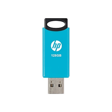 Türkisfarbener USB-Stick mit dem HP-Logo und der Aufschrift 128 GB.