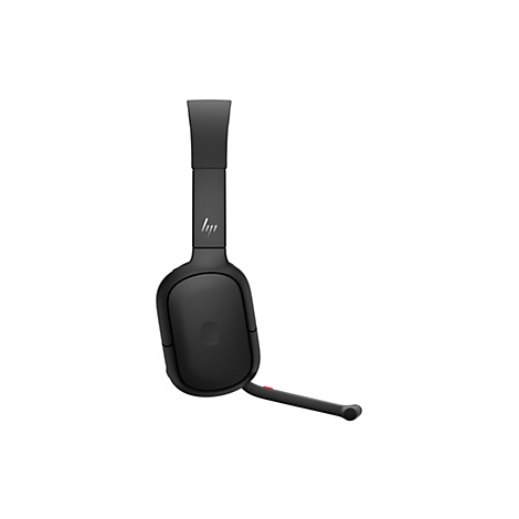 Schwarzes HP Headset in Seitenansicht vor weißem Hintergrund mit ausgeklapptem Mikrofonarm.