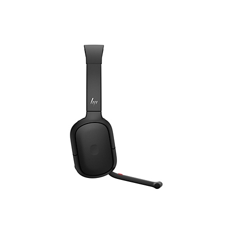 Schwarzes HP Headset mit Mikrofonarm vor weißem Hintergrund.
