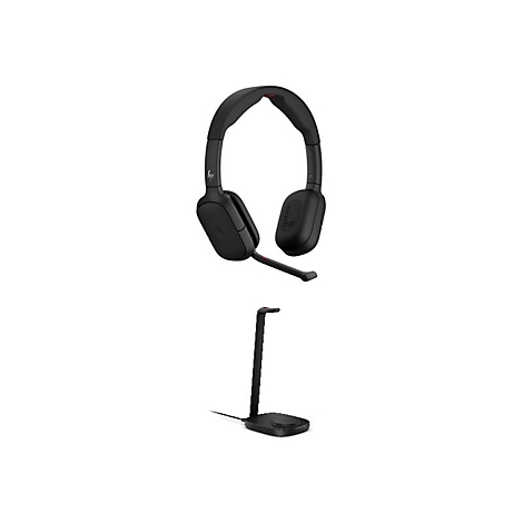 Schwarzes HP Headset mit Mikrofonarm und passender Ladestation vor weißem Hintergrund.